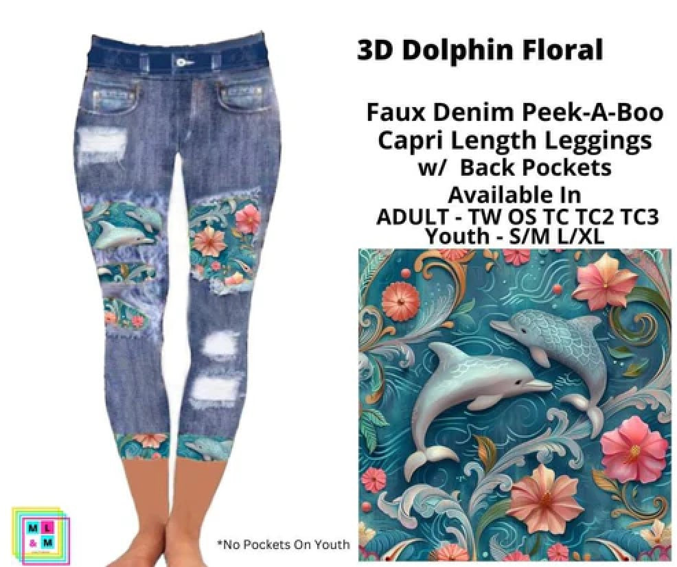 3D Dolphin Faux Denim Capri Leggings with Back Pockets (Pixie)