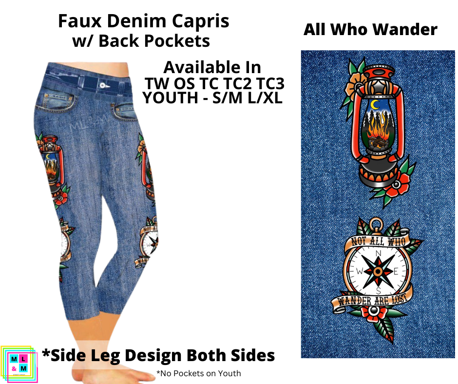 All Who Wander Faux Denim Capri Leggings with Pockets (Pixie)