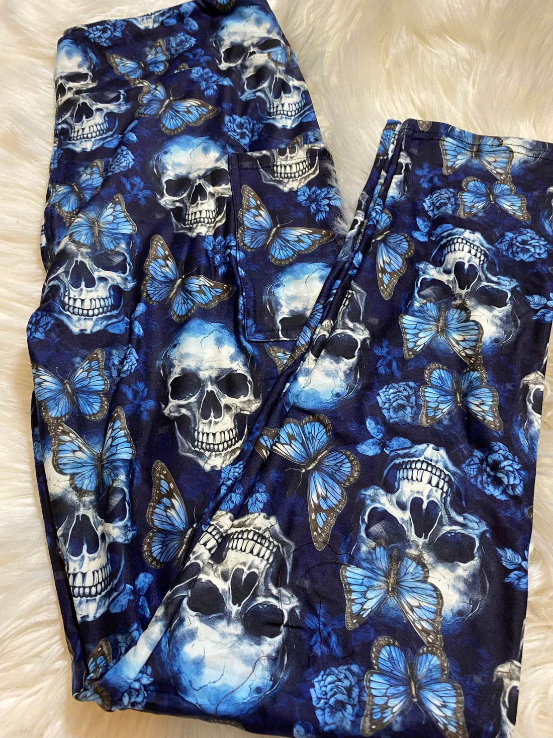 Blue Butterfly Skull Leggings with Pockets (SLB)