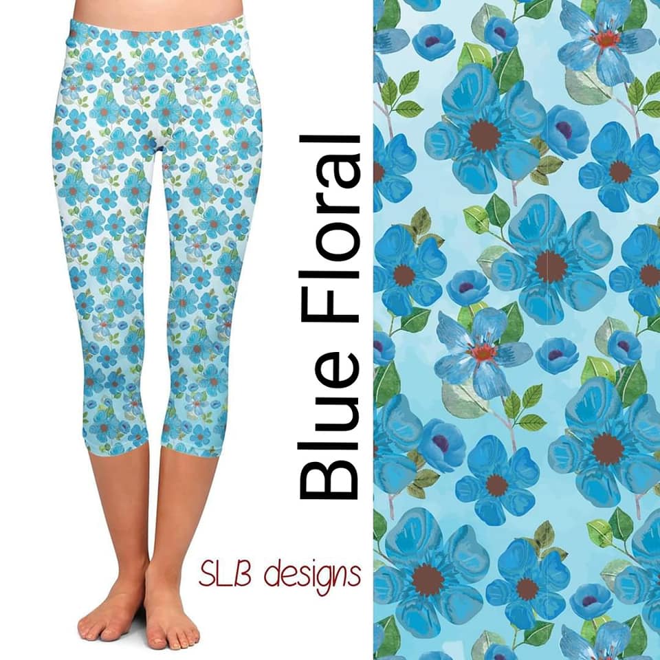 Blue Flowers Capri Leggings with Pockets (SB)