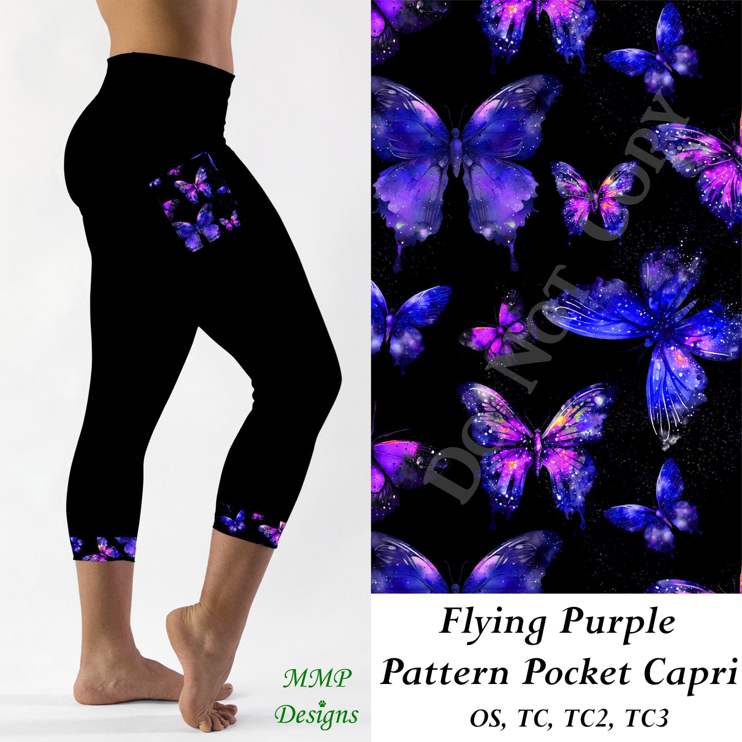 Flying Purple Pattern Pocket Capri Leggings (MMP)