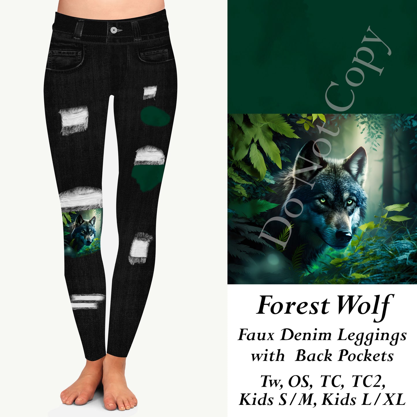 Forest Wolf Faux Denim Leggings with Back Pockets (JAAM)