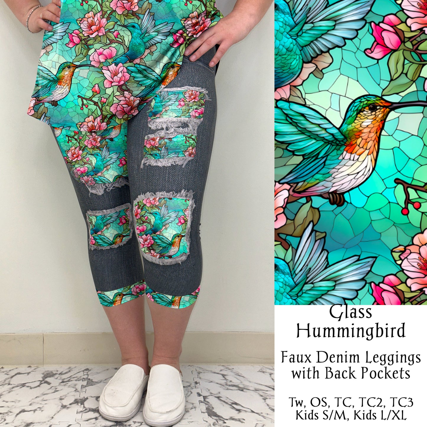 Glass Hummingbird Faux Denim Capri Leggings with Back Pockets (TL)