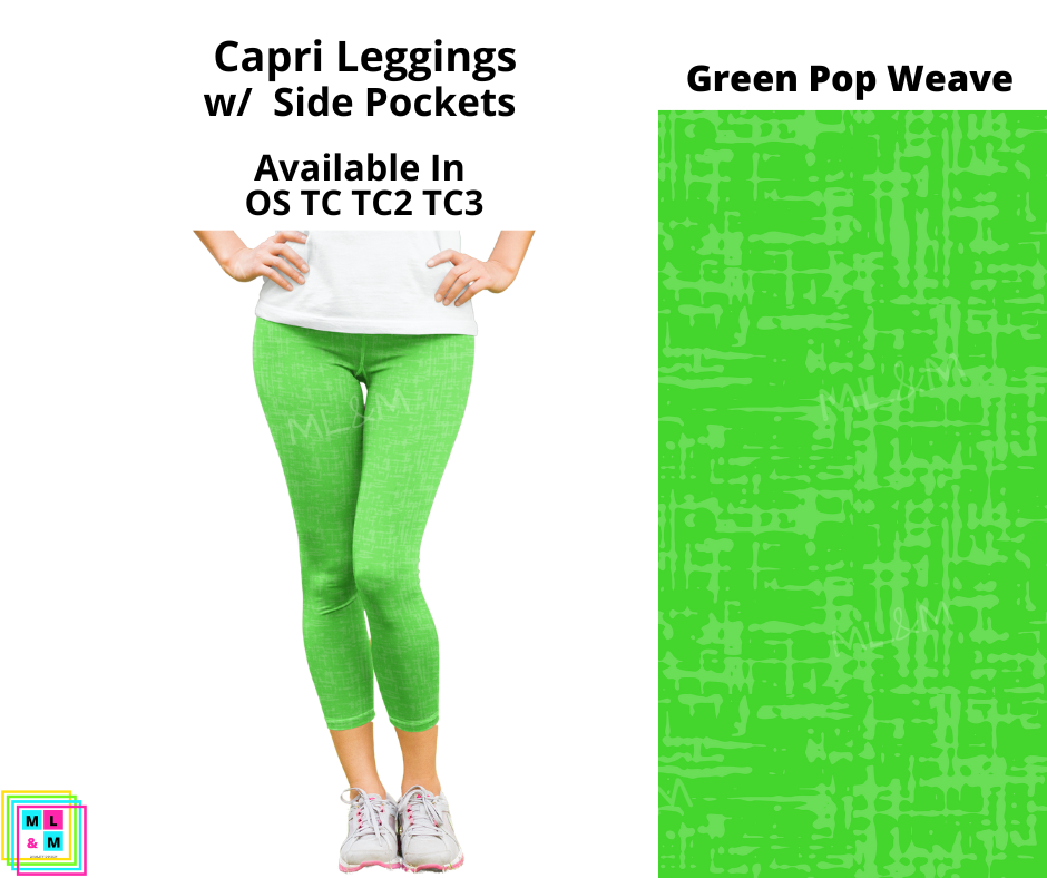 Neon Pop Weave Green Capri Leggings with Pockets (Pixie)