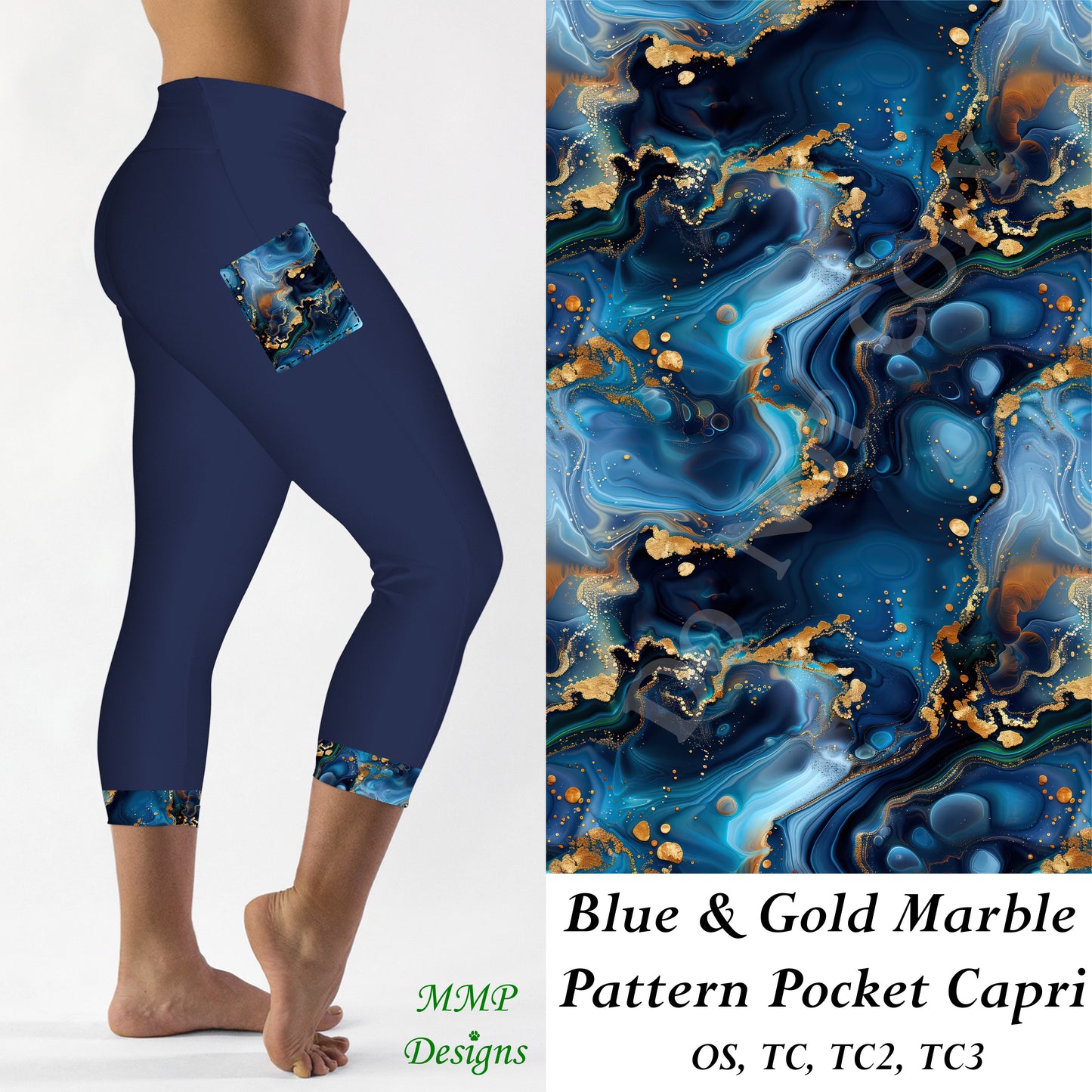 Blue & Gold Marble Pattern Pocket Capri Leggings (MMP)