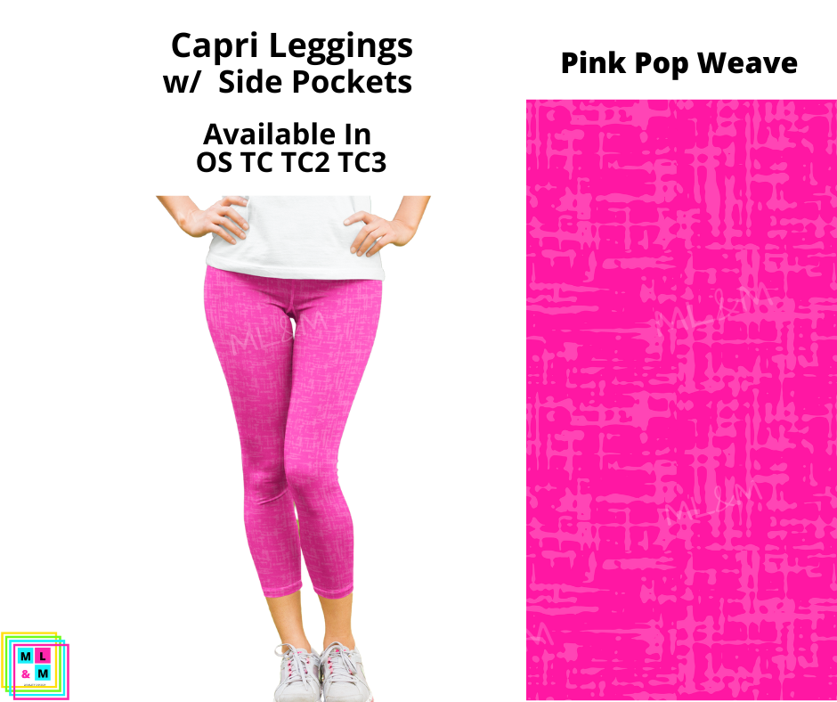 Neon Pop Weave Pink Capri Leggings with Pockets (Pixie)