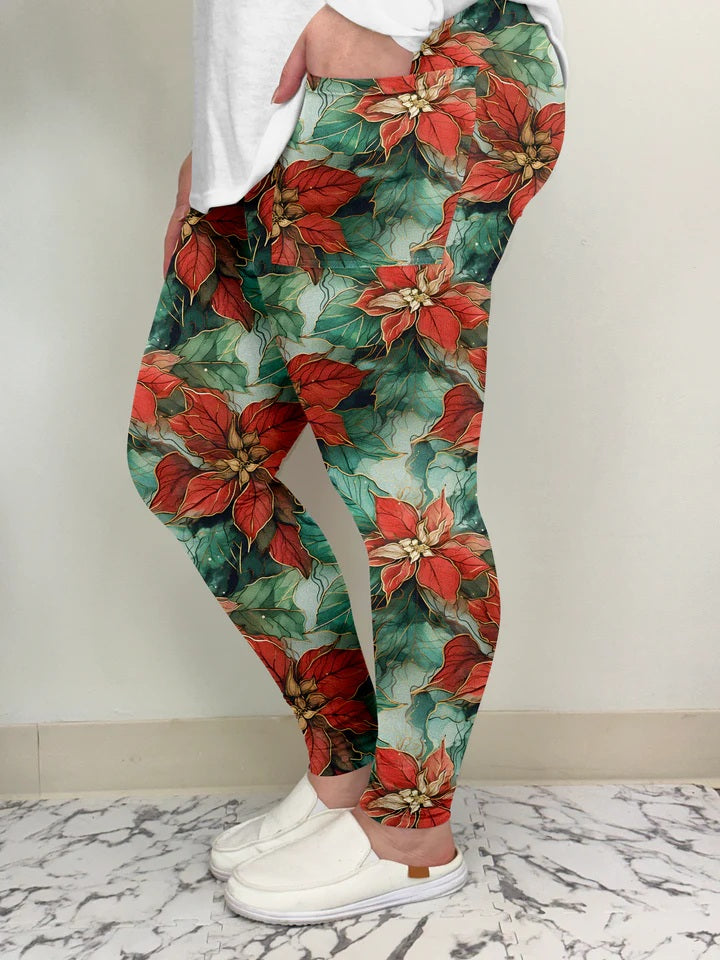 Poinsettias Leggings with Pockets (TL)