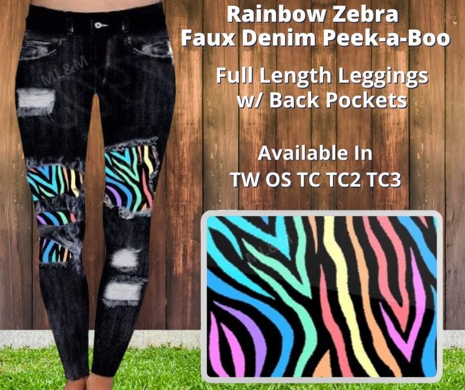 Rainbow Zebra Faux Denim Leggings with Back Pockets (Pixie)