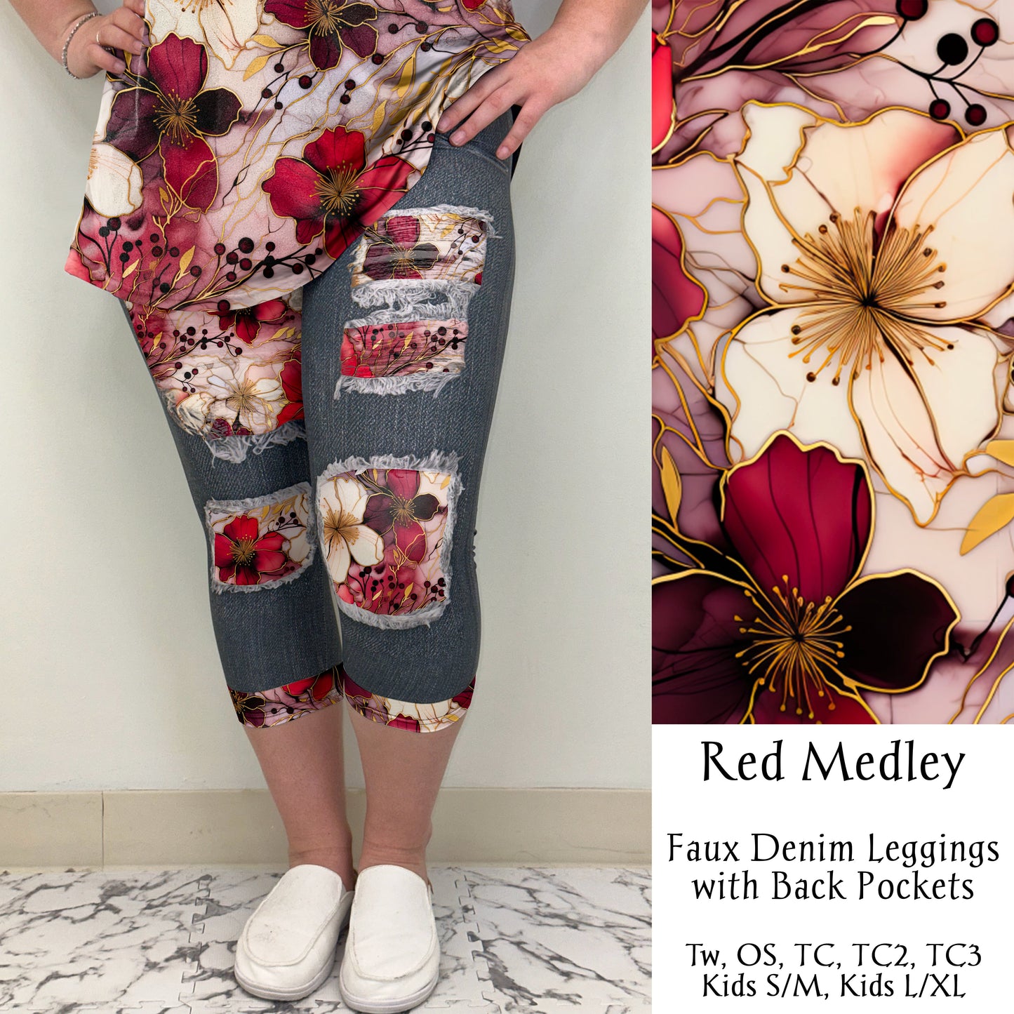 Red Medley Faux Denim Capri Leggings with Back Pockets (TL)