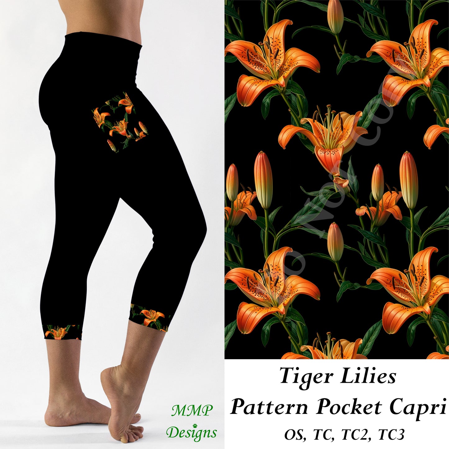 Tiger Lily Pattern Pocket Capri Leggings (MMP)