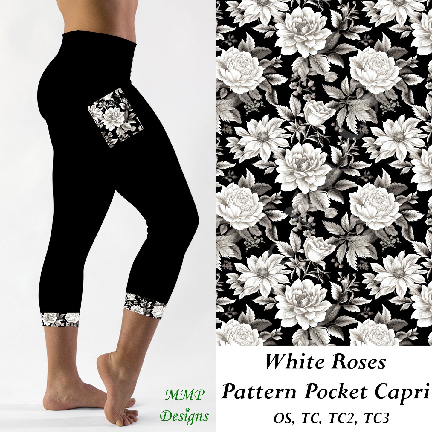 White Roses Pattern Pocket Capri Leggings (MMP)