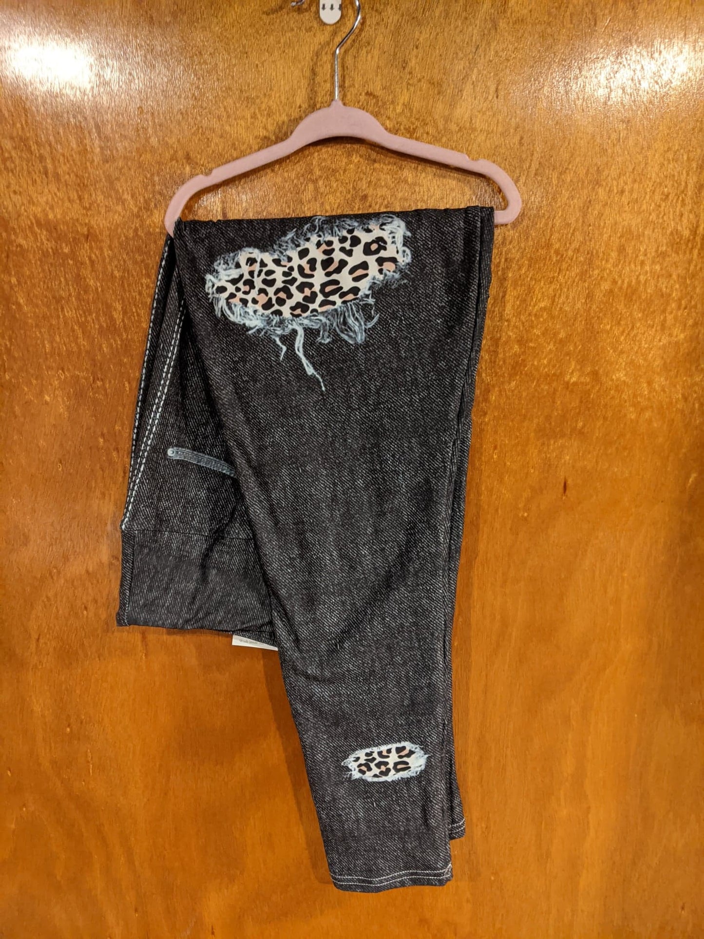 Black Faux Denim Leopard Patch with Back Pockets (PPD)