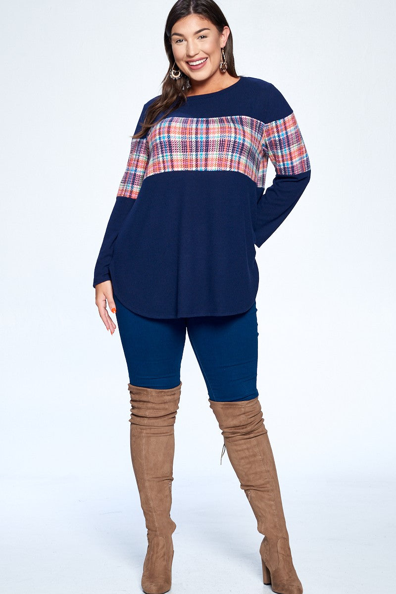 Navy Casual Brush Tunic with Striped Detail