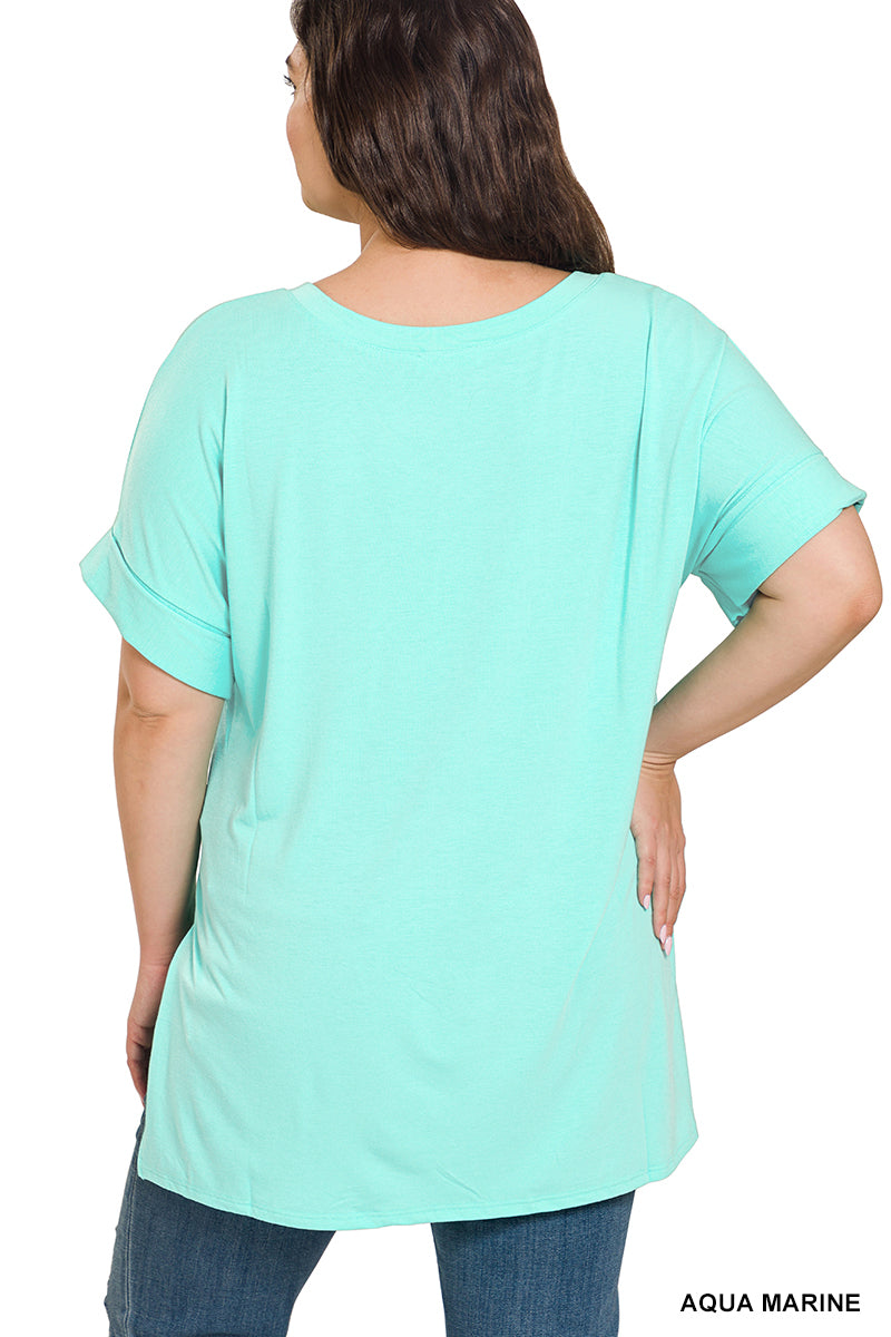 Aqua Marine Rolled Sleeve V-Neck Tunic