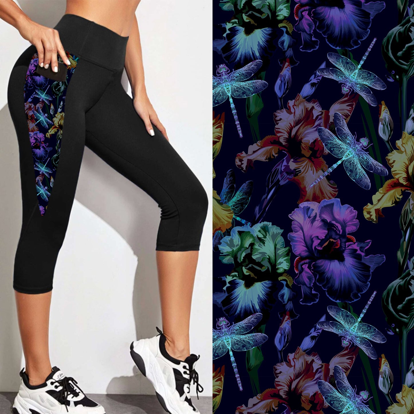 Dragonfly Floral Pocket Panel Capri Leggings (GC)
