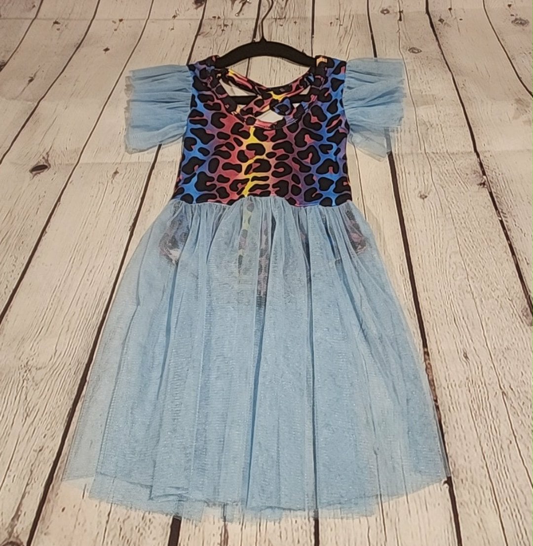 Rainbow Leopard Kids Leotard with Blue Accents