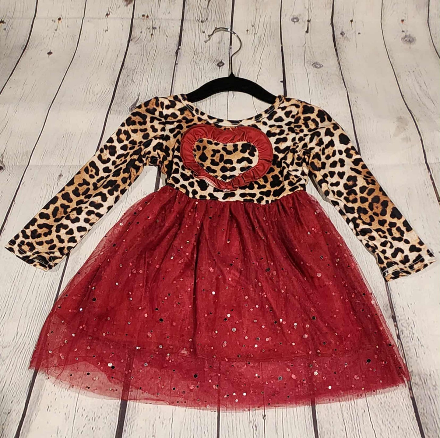 Burgundy Leopard Sparkle Heart Kids Dress