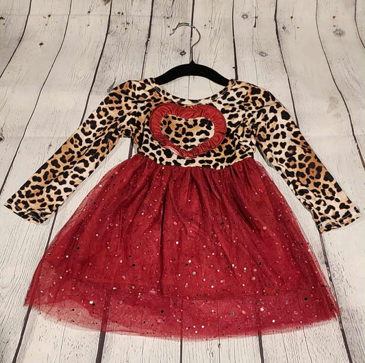 Burgundy Leopard Sparkle Heart Kids Dress
