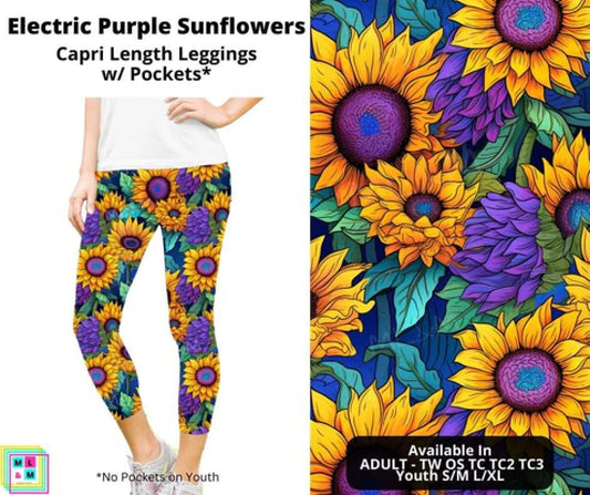 Electric Purple Sunflowers Capri Leggings with Pockets (Pixie)