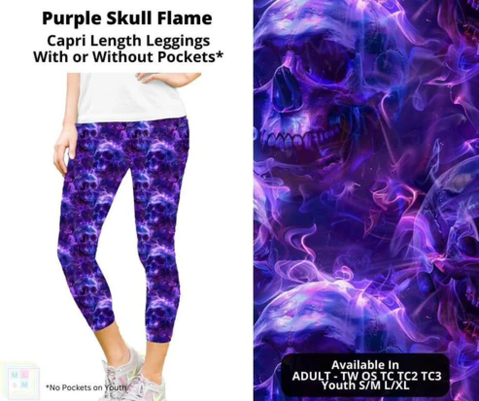 Purple Skull Flame Capri Leggings with Pockets (Pixie)