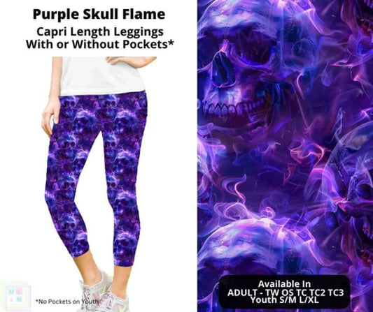 Purple Skull Flame Capri Leggings with Pockets (Pixie)