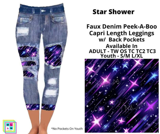 Star Shower Faux Denim Capri Leggings with Pockets (Pixie)