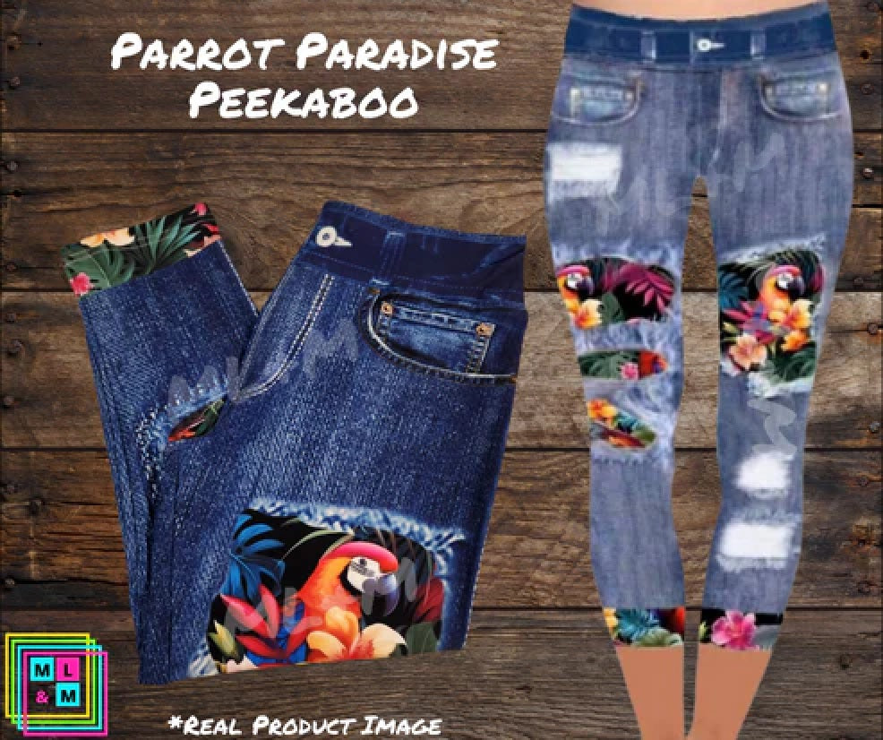 Parrot Paradise Faux Denim Capri Leggings with Pockets (Pixie)