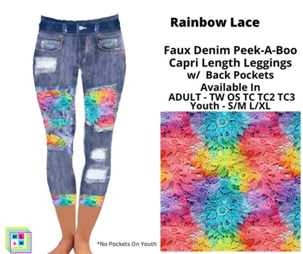 Rainbow Lace Faux Denim Capri Leggings with Pockets (Pixie)