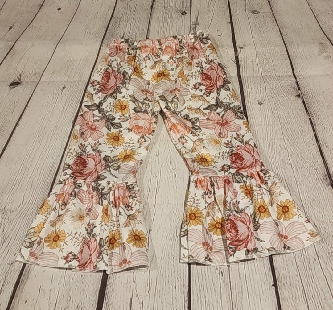 Pale Pink Floral Ruffle Kids Pants
