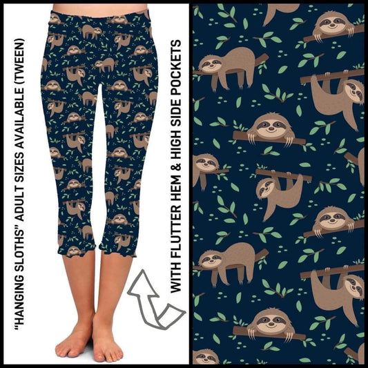 Hanging Sloths Capri Leggings with Flutter Hem with Pockets (AR)