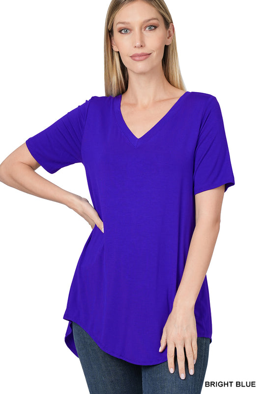 Bright Blue Short Sleeve V-Neck Round Bottom Shirt