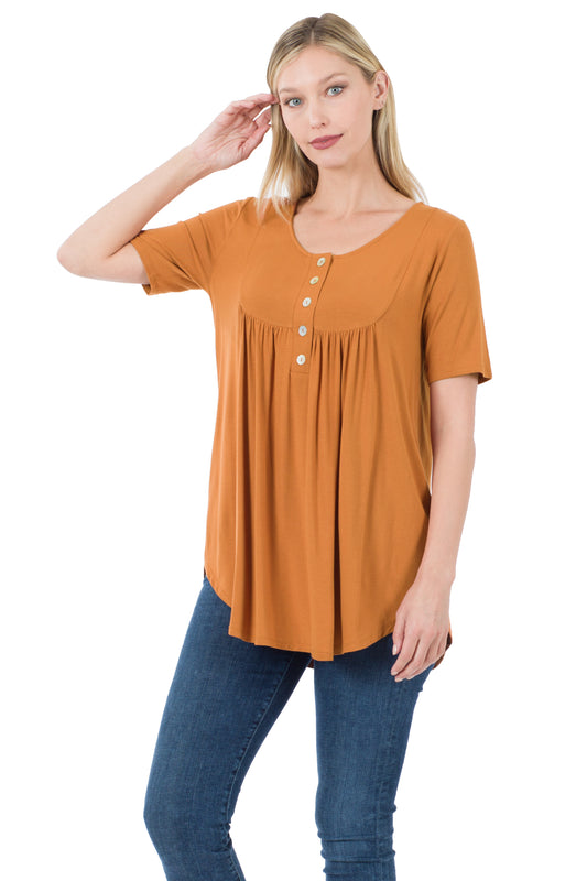 Almond Gathered with Front Buttons Short Sleeve Shirt