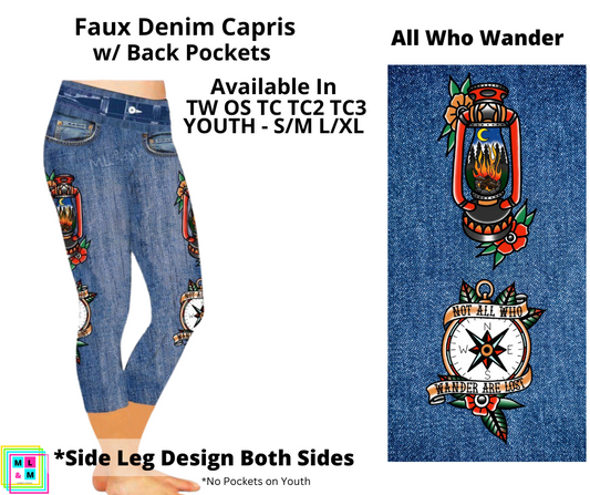 All Who Wander Faux Denim Capri Leggings with Pockets (Pixie)