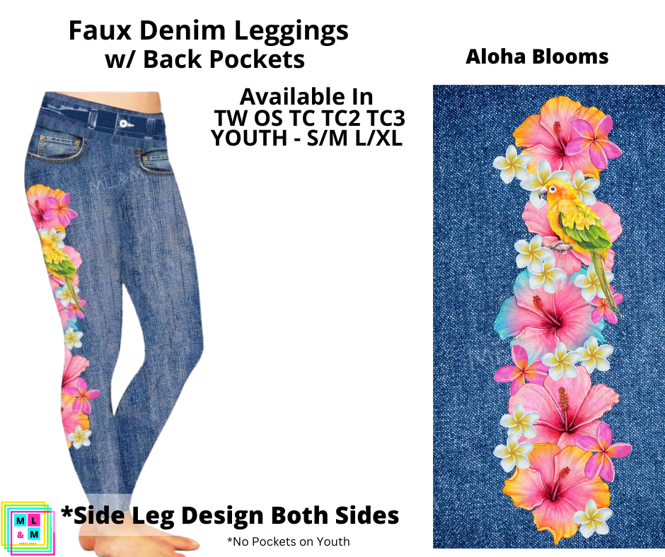 Aloha Blooms Faux Denim Leggings with Back Pockets (Pixie)