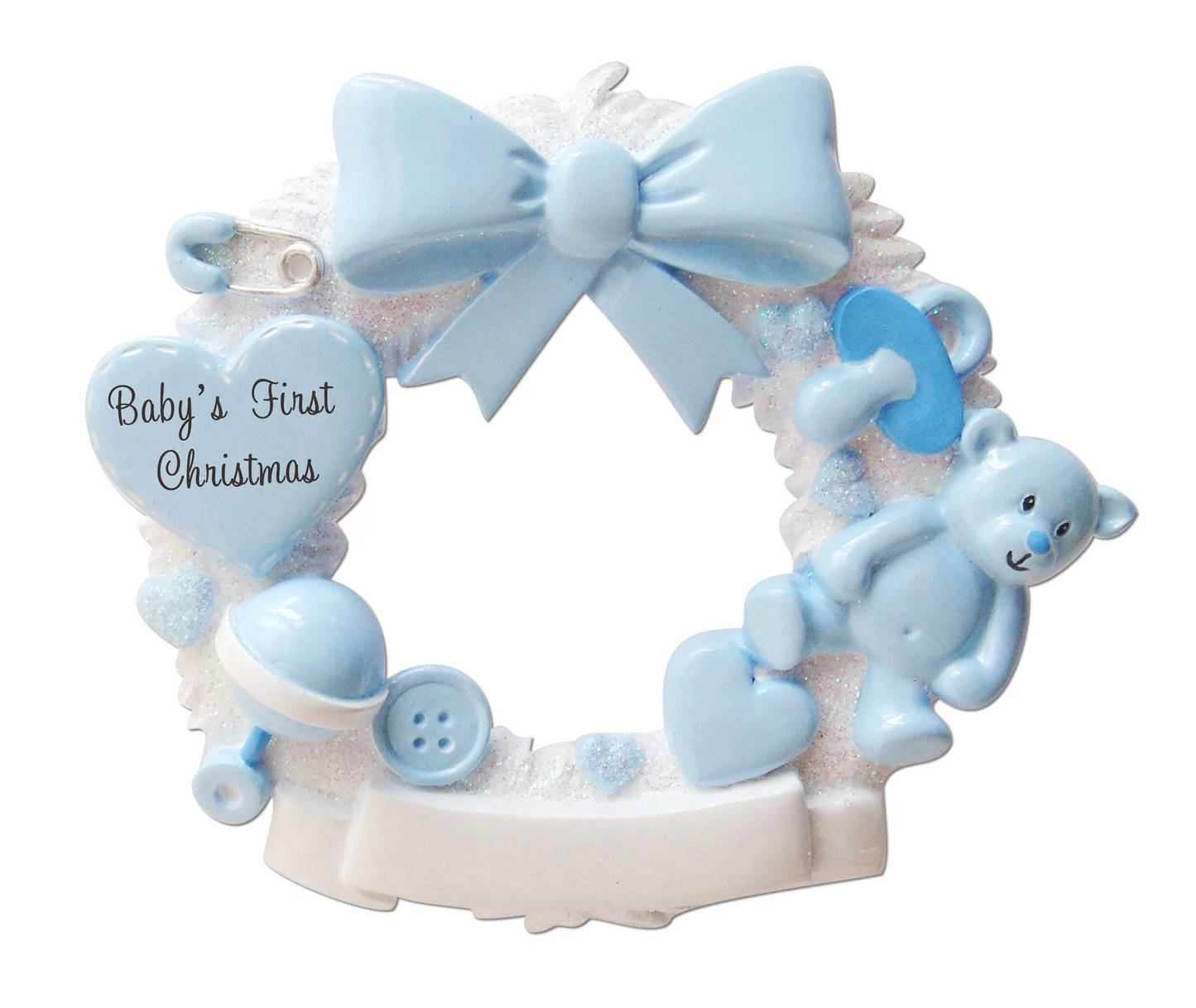 Personalized Poly-Resin Ornament Baby Christmas Wreath - Blue