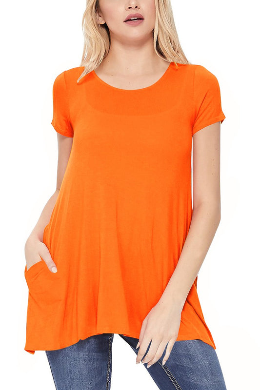 Orange Short Sleeve Hi-Lo Tunic with Pockets