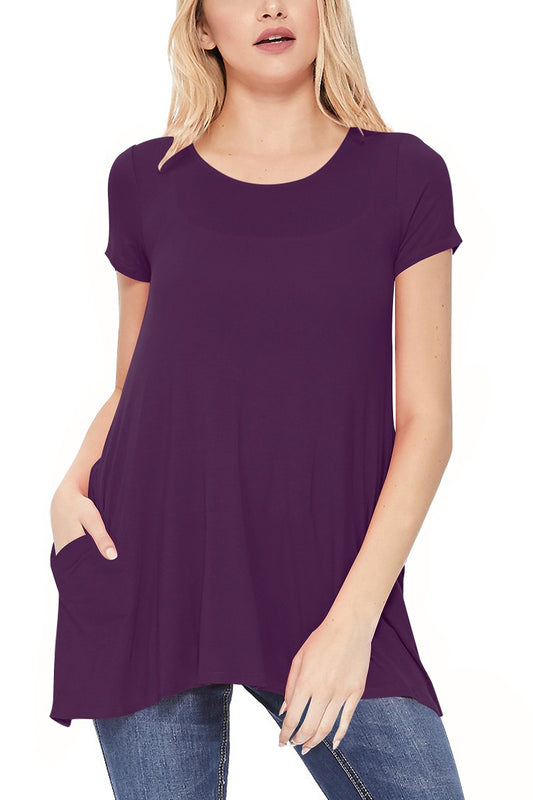 Eggplant Short Sleeve Hi-Lo Tunic with Pockets