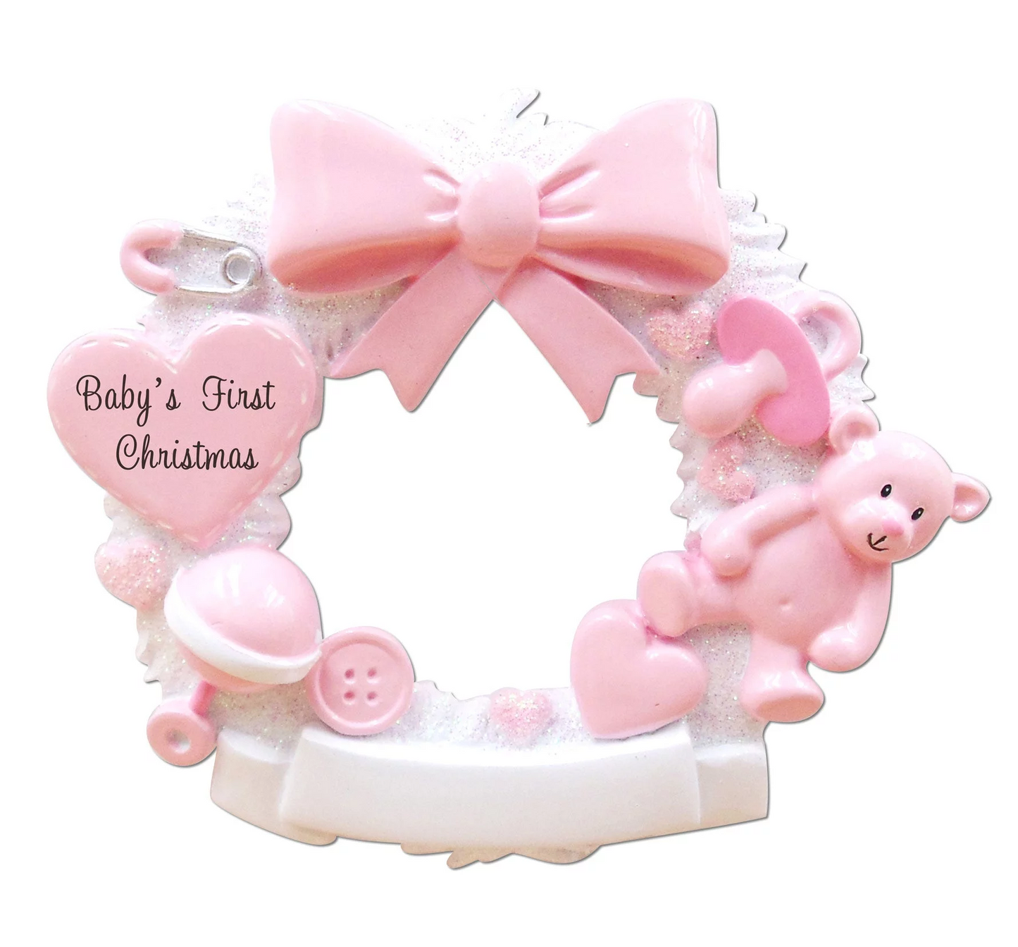 Personalized Poly-Resin Ornament Baby Christmas Wreath - Pink