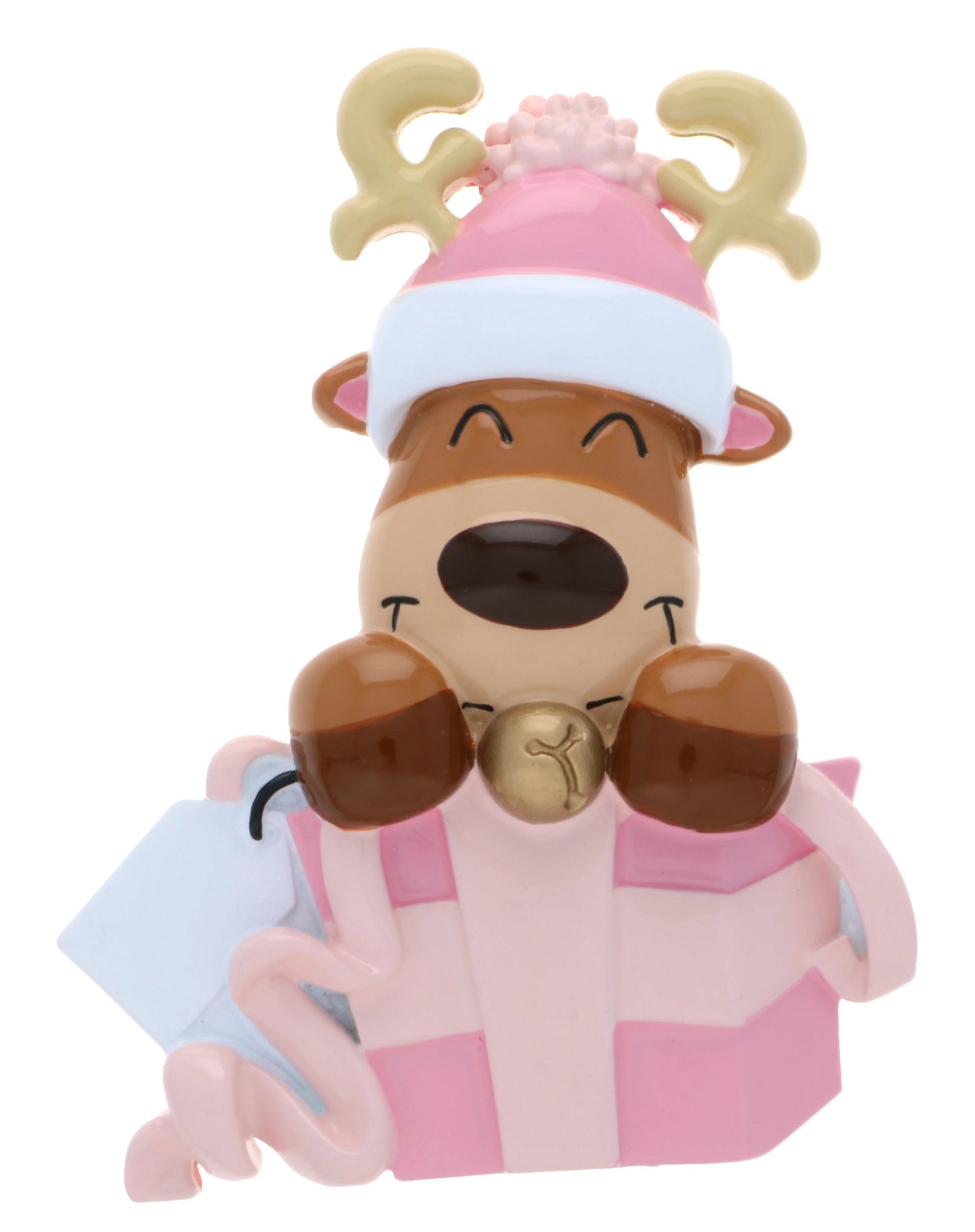 Personalized Poly-Resin Ornament Baby Reindeer in Gift Box - Pink