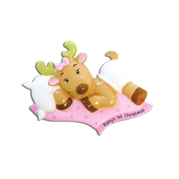 Personalized Poly-Resin Ornament Pink Baby Reindeer