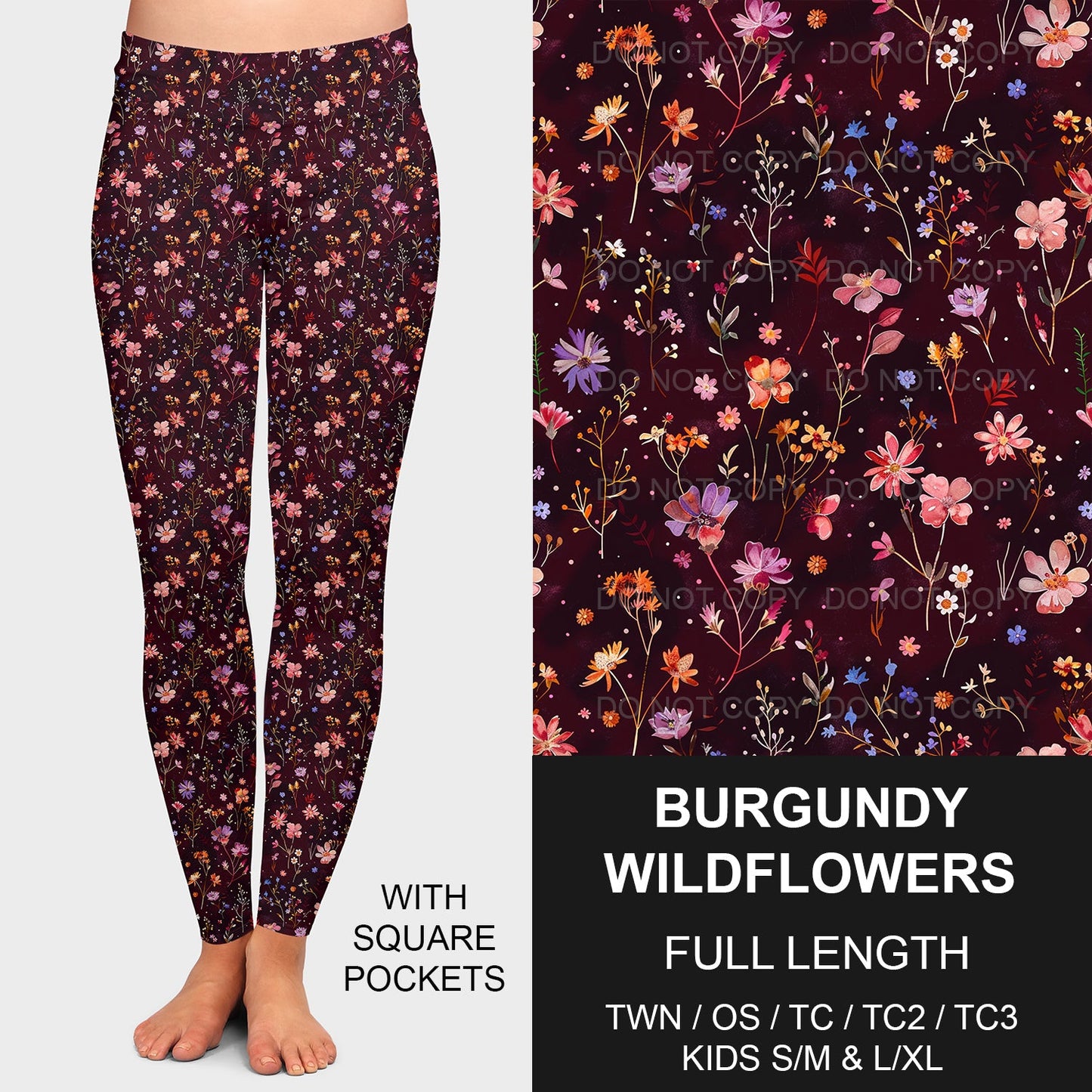 B190 - Preorder Burgandy Wildflowers Leggings w/ Pockets (Closes 10/27. ETA late Dec.)