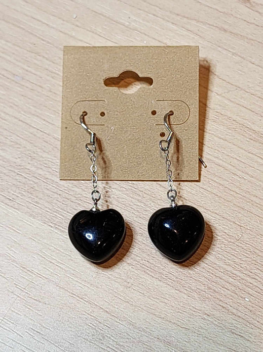 Black Obsidian Heart 925 Silver Dangle Earrings