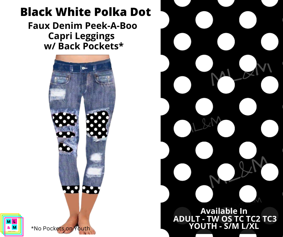 Black & White Polka Dot Faux Denim Peek-A-Boo Capri Leggings with Back Pockets (Pixie)