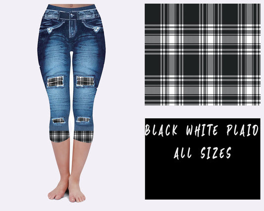 Black & White Plaid Blue Faux Denim Capri Leggings with Back Pockets (GC)