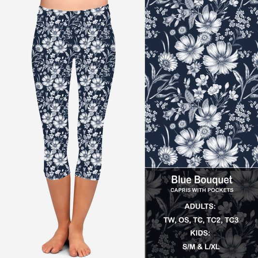 Blue Bouquet Capri Leggings with Pockets (GY)