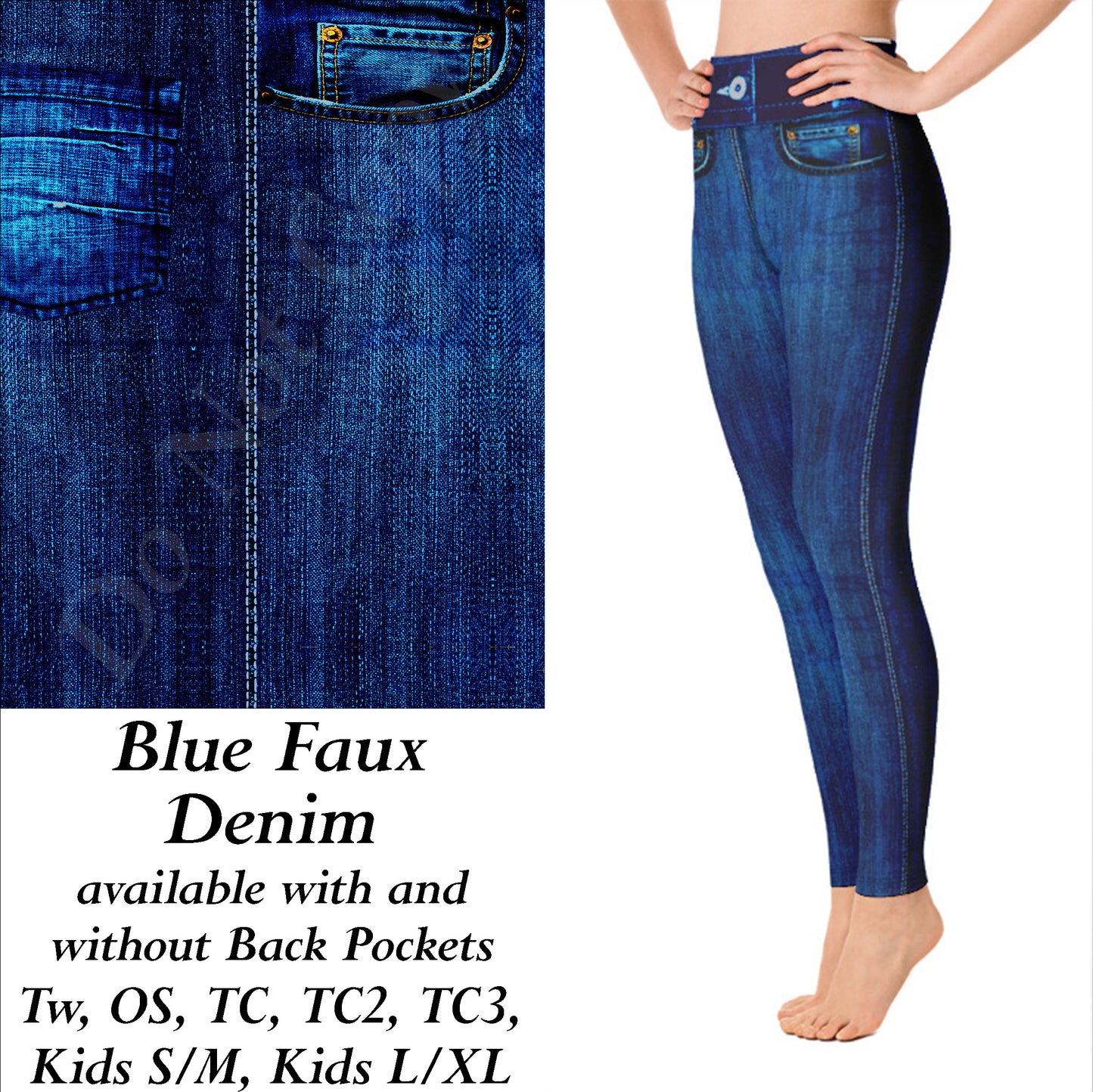 Blue Faux Denim Leggings with Back Pockets
