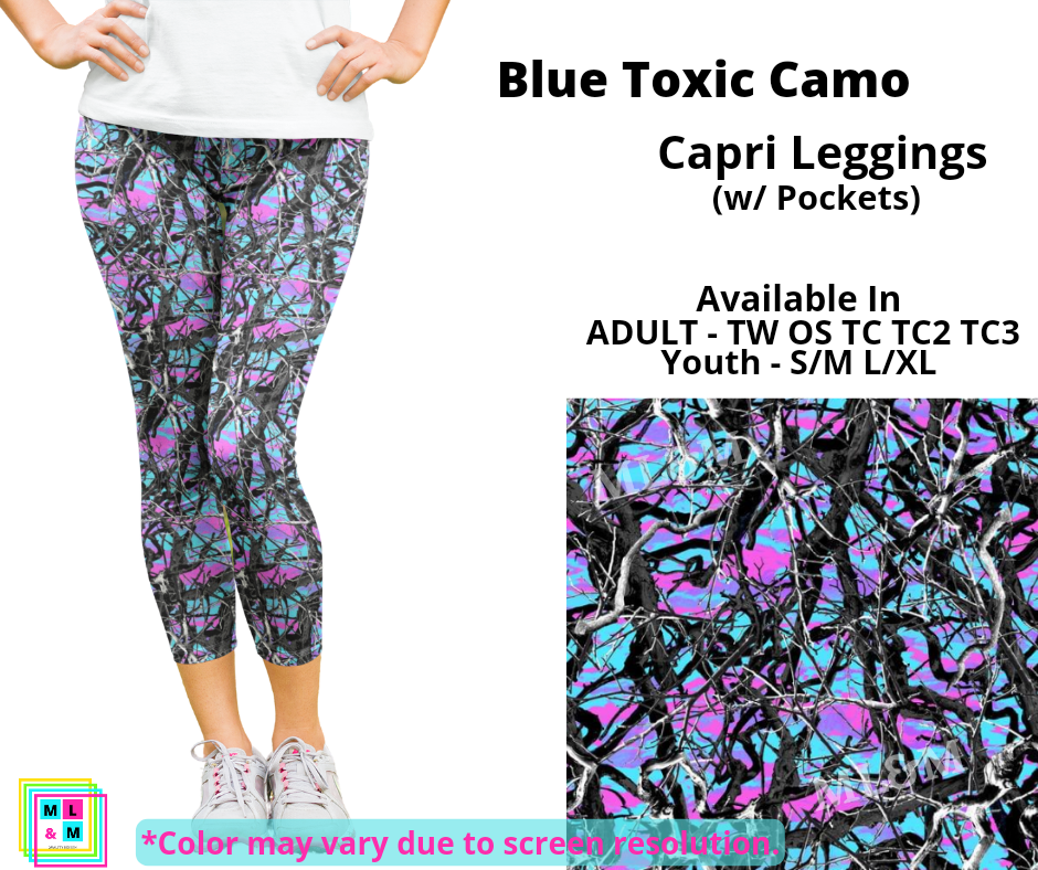 Blue Toxic Camo Capri Leggings with Pockets (Pixie)