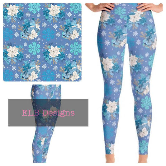Blue & White Poinsettias Leggings (ELB)