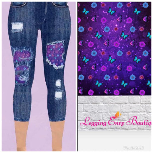 Butterflies & Daisies Faux Denim Capri Leggings (LEB)