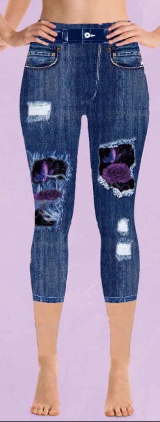 Butterfly & Roses Faux Denim Capri Leggings (LEB)